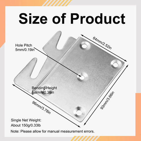 Universal Bed Frame Brackets With Heavy Duty Zinc Coated Iron Bed Rail Hook Plates For Headboard And Footboard Four Piece Hardware Kit Includes Mounting Screws For Dead Easy No Sweat Diy Fixes dimensions showing size specifications for mounting.