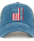 Front view of Vintage Lake Blue Trucker Hat for Men with adjustable buckle, featuring "I Will Not Comply" design.