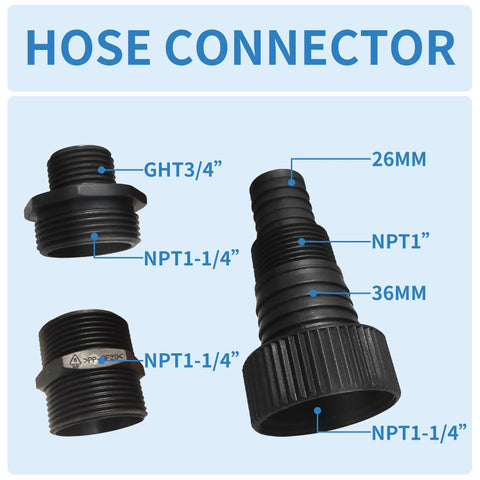 Hose connectors for Powerful Half HP Stainless Steel Submersible Sump Pump With Automatic On Off Float Switch, various sizes labeled