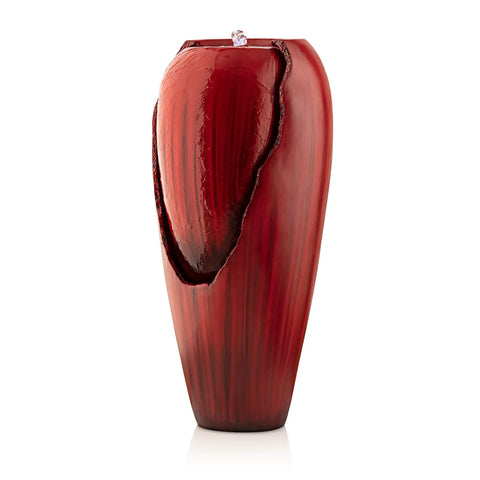 33 Inch Outdoor Vintage Cascading Antique Jar Water Fountain With LED Lights Red finish for garden decor, showing front view.