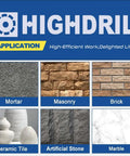 Image showing Highdril application for various materials: mortar, masonry, brick, ceramic tile, artificial stone, and marble.