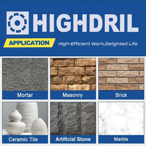 Image showing Highdril application for various materials: mortar, masonry, brick, ceramic tile, artificial stone, and marble.