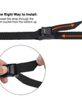 Instructions showing installation of Workhorse Cam Buckle Tie Down Straps With Adjustable Cinch, 0.75 Inch Wide By 48 Inch Long, Black, 4 Pack