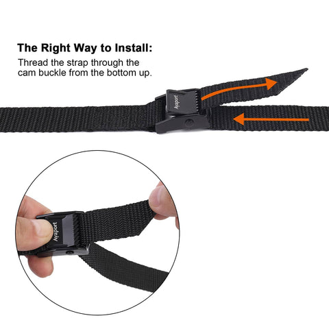 Instructions showing installation of Workhorse Cam Buckle Tie Down Straps With Adjustable Cinch, 0.75 Inch Wide By 48 Inch Long, Black, 4 Pack