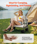 Woman sitting on 3-in-1 Collapsible Wagon With Wheels, Converts To A 75cm Wide Sofa, Heavy Duty 550lbs 220L Capacity, next to a tent