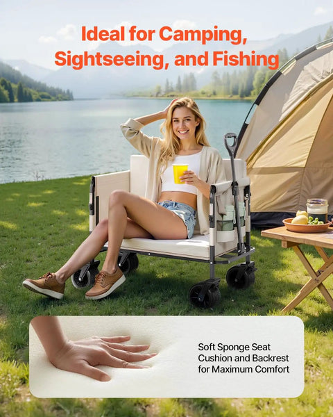 Woman sitting on 3-in-1 Collapsible Wagon With Wheels, Converts To A 75cm Wide Sofa, Heavy Duty 550lbs 220L Capacity, next to a tent