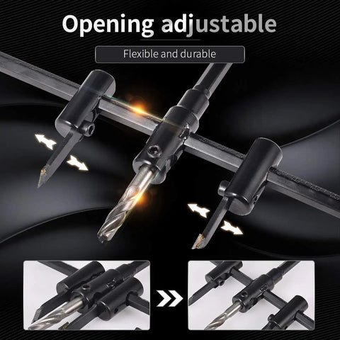 Heavy Duty Adjustable Circle Hole Cutter Saw Kit For Wood And Drywall Precision Dual Blade Drill Bit adjustment mechanism detail.