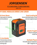Pro Grade Laser Level With Tripod, 100 Ft Range, Dual Module Self Leveling Cross Line, Vertical And Horizontal Lines, 360 Degree Magnetic Base, Green Laser For Picture Hanging, Tile, Home Renovation, Indoor Projects displayed with features.