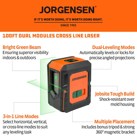 Pro Grade Laser Level With Tripod, 100 Ft Range, Dual Module Self Leveling Cross Line, Vertical And Horizontal Lines, 360 Degree Magnetic Base, Green Laser For Picture Hanging, Tile, Home Renovation, Indoor Projects displayed with features.