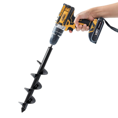 Set Of 5 Garden Auger Drill Bits For Planting With 3/8 Inch Hex Drive attached to handheld drill