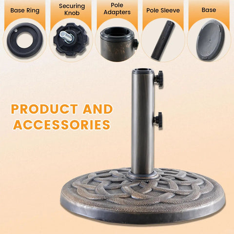 Heavy Duty 30 Lbs Patio Umbrella Base With Resin Stand Weather Resistant Powder Coated Bronze Umbrella Holder With Accessories