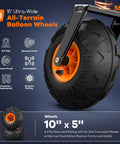 Close-up of 10 inch ultra-wide all-terrain balloon wheel, highlighting tread and durability features.