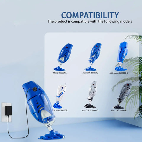 Replacement 12.6V Charger Cord powering compatible cordless pool cleaners near an outlet, focus on Max Li models and others.