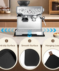 Dual Sided Sliding Mat With Anti Slip Top And Smooth Bottom For 870XL Espresso Machine Includes Hanging Strap Easy To Clean Heavy Duty Countertop Protector Pad For Espresso Accessories shown under a coffee machine.