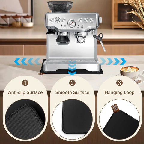 Dual Sided Sliding Mat With Anti Slip Top And Smooth Bottom For 870XL Espresso Machine Includes Hanging Strap Easy To Clean Heavy Duty Countertop Protector Pad For Espresso Accessories shown under a coffee machine.