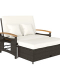 Rattan Outdoor Daybed With Storage Ottoman And Four In One Functionality Adjustable Backrest In Four Positions Folding Side Trays Acacia Wood Armrests Double Sun Lounger With Cushions And Pillows Beige