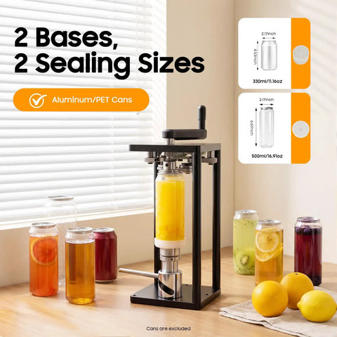 Heavy Duty Manual Cup Sealer For Soda And Tin Cups with two sealing sizes for 330ml and 500ml containers in use.