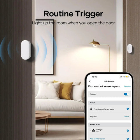 Four Pack Zigbee Door Sensor Mini Smart Contact Alarm For Home Automation And Kid Safety Works With Alexa Smartthings Home Assistant Plug And Play Zero Drama Keeps Your House Locked Tight. Smart sensor on door with mobile app setup.