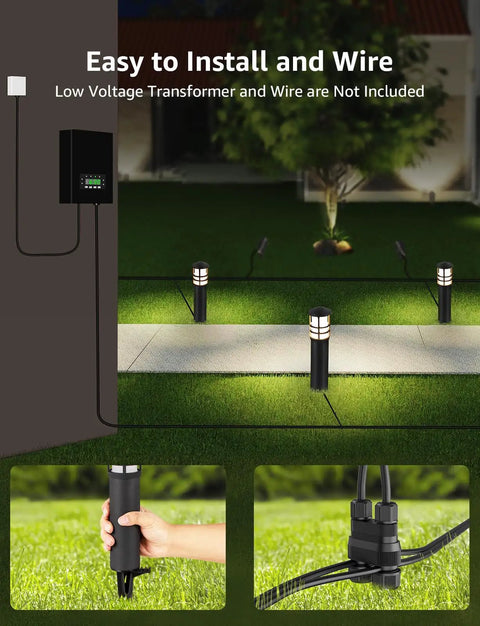 Lit 12 Pack Low Voltage Landscape Pathway Lights 3W LED 3000K Warm White installation on lawn path with wiring details