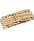 100 Pcs Spring Test Probe Pin Set P75-B1 brass tips laid out, showing conical 1.4mm head, 15.8mm length for PCB testing.