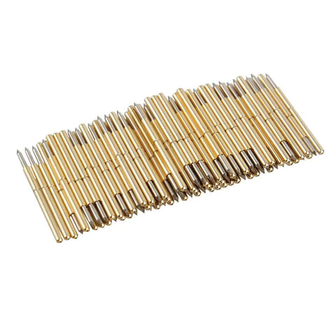 100 Pcs Spring Test Probe Pin Set P75-B1 brass tips laid out, showing conical 1.4mm head, 15.8mm length for PCB testing.