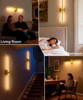 Slick Wireless Rechargeable Wall Sconces Set Of 2 Battery Powered Gold Light Fixtures in living room, bedroom, corridor, and study room.