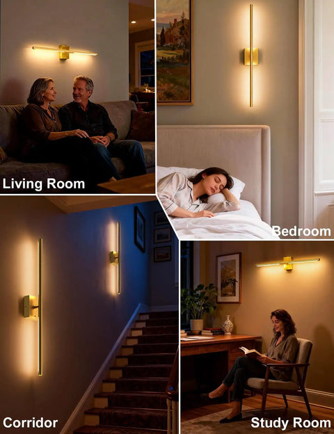 Slick Wireless Rechargeable Wall Sconces Set Of 2 Battery Powered Gold Light Fixtures in living room, bedroom, corridor, and study room.