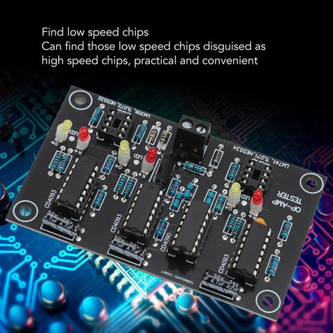 Pro Grade Op Amp Testing Module For Single And Dual Op Amp Boards on circuit background showing components and text