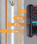 Heavy Duty Stud Finder Wall Scanner With 60 Ft Laser Measure displays measurements for wood, power cables, and copper.