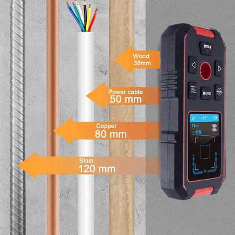 Heavy Duty Stud Finder Wall Scanner With 60 Ft Laser Measure displays measurements for wood, power cables, and copper.