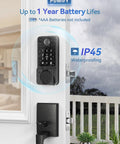Smart Keyless Entry Door Lock With Handle on an exterior white door, showcasing keypad and handle, Bluetooth App Control Front Lock, black finish.
