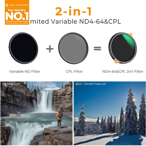 Image showing 77mm ND4 to ND64 Variable ND and CPL 2 In 1 Lens Filter, featuring both ND and CPL filters with landscape photos.