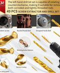 50 Piece Bolt Extractor Set With Pilot Center Pin shown with titanium nitride coated drill bits and examples of broken and rusted fasteners