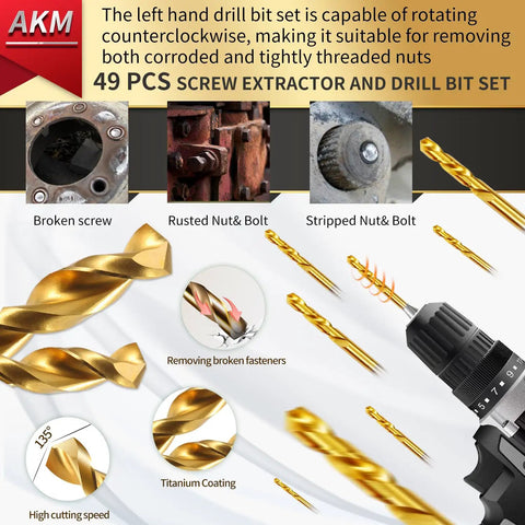 50 Piece Bolt Extractor Set With Pilot Center Pin shown with titanium nitride coated drill bits and examples of broken and rusted fasteners