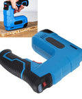 Slick Cordless Electric Brad Nailer And Staple Gun Rechargeable 2 In 1 Bottom Loading tool in blue, shown in use on wood.