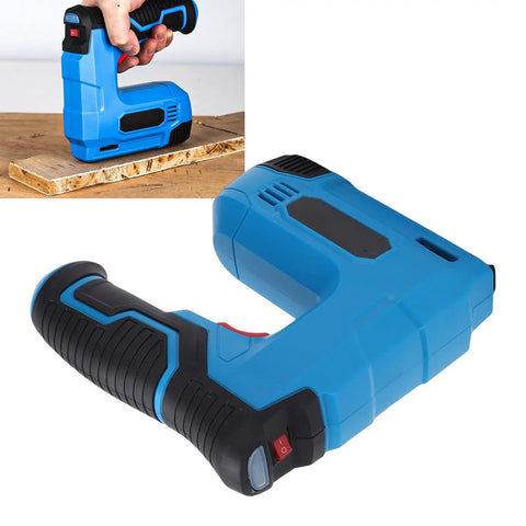 Slick Cordless Electric Brad Nailer And Staple Gun Rechargeable 2 In 1 Bottom Loading tool in blue, shown in use on wood.