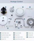 Package contents for Rainfall And Handheld Shower System with valve, shower heads, hose, installation guide, and accessories.