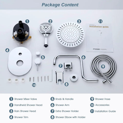 Package contents for Rainfall And Handheld Shower System with valve, shower heads, hose, installation guide, and accessories.
