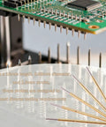 100 Pack 0.68mm Spring Test Probes With Round Head Pogo Pins For PCB Testing, 16mm Length, shown beside a circuit board