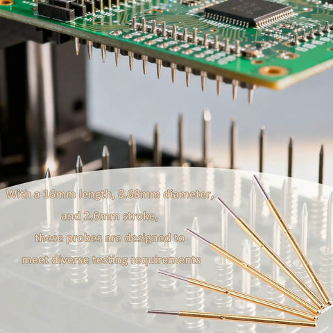 100 Pack 0.68mm Spring Test Probes With Round Head Pogo Pins For PCB Testing, 16mm Length, shown beside a circuit board