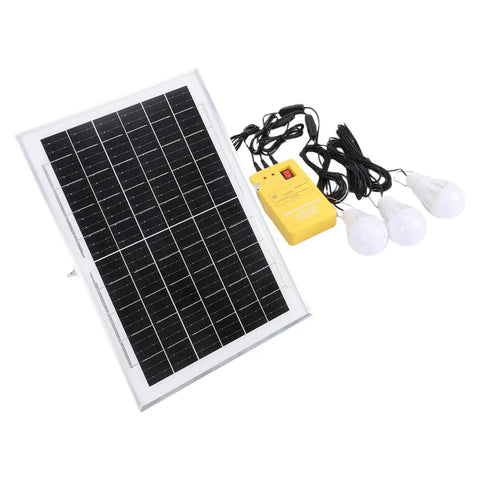 Top Shelf Solar Generator Kit With 6000mAh Battery, Led Lighting, And Multiport Usb Hub For Camping, Emergency Home Backup, Off Grid Adventures All Season Long with solar panel and three LED bulbs.
