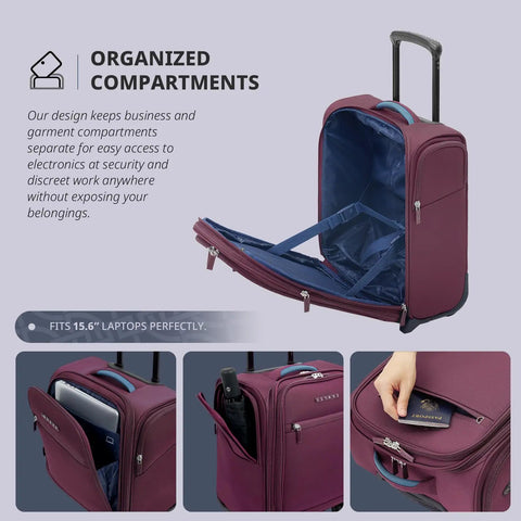 Underseat Carry On Luggage With USB Port 16 Inch Two Wheel Spinner Bag for airlines, open compartments view
