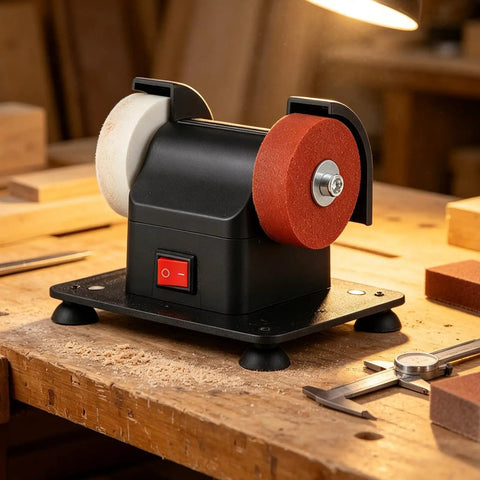 Portable Mini Bench Grinder With Dual Fine And Coarse Grinding Wheels For Woodworking Sanding Tool Edge Sharpening on a workbench.