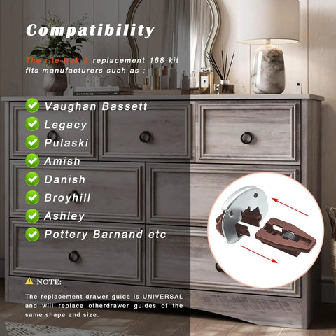 Straight Up Universal Drawer Slides Replacement Kit Five Pack Slick Smooth Gliding Dresser Rails For Kenlin Rite Trak 168 showing compatibility details for various brands.