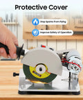 4 Inch Chop Saw 110V Metal Cutting Cut Off Saw with protective cover, showing hand operating the tool on a wooden table.