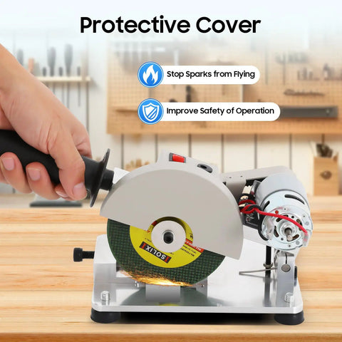 4 Inch Chop Saw 110V Metal Cutting Cut Off Saw with protective cover, showing hand operating the tool on a wooden table.