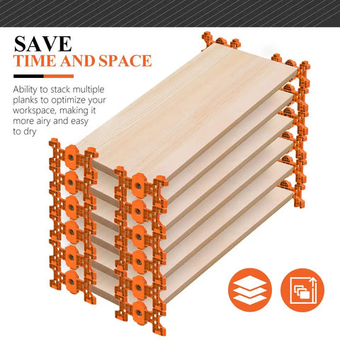 Stacked boards using Spray Paint Rack Set for Doors and Cabinets, highlighting interlocking drying racks for easy stacking and drying