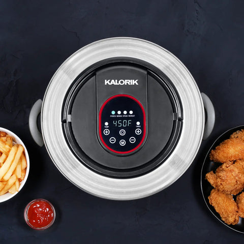 Top view of Digital Universal Air Fryer Lid Turns Any 6, 8, And 10 Quart Pot, Pan, Or Pressure Cooker Into An On Demand Air Fryer