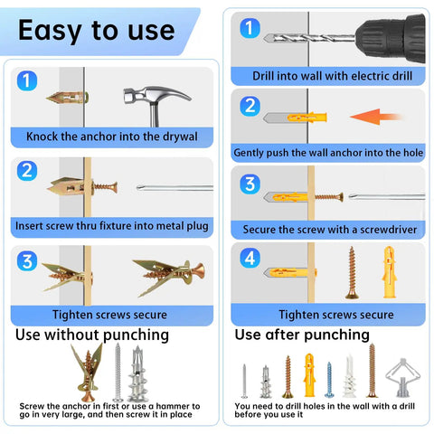 Instruction guide for Heavy Duty Drywall Anchors And Screws Kit 300 Piece Assortment In 7 Sizes installation process.