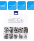 Open kit box of 600 Piece Stainless Steel Split Lock Washer Kit with Spring Lock Washers to prevent loosening under alternating load.